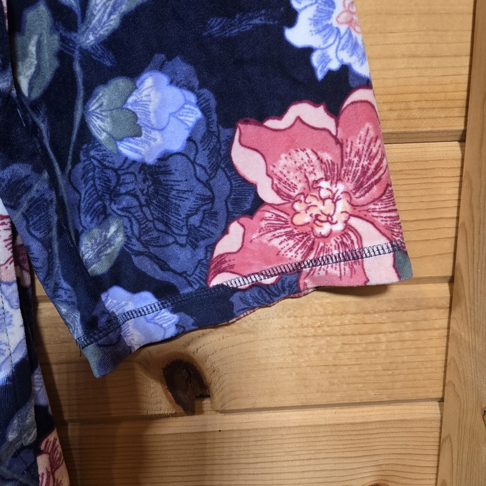 Miss Elaine Housecoat Velour Plush Full Zip Blue Floral Pockets Large Grandma - Picture 5 of 6